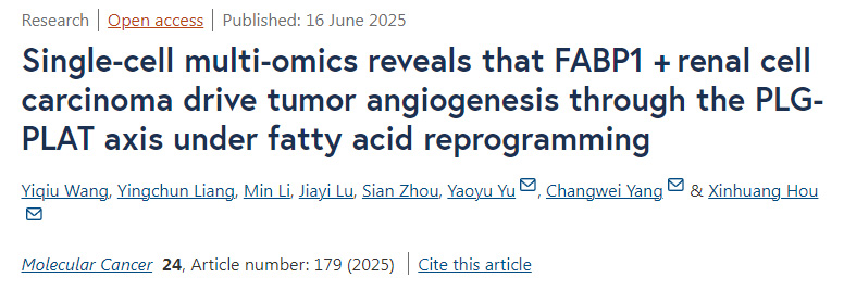 單細(xì)胞多組學(xué)揭示 在脂肪酸重編程條件下，F(xiàn)ABP1陽(yáng)性腎細(xì)胞癌通過(guò)PLG-PLAT信號(hào)軸驅(qū)動(dòng)腫瘤血管生成