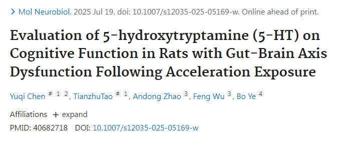 加速度暴露致腸腦軸功能障礙大鼠中5-羥色胺(5-HT)對認知功能的評估 加速度暴露致腸腦軸功能障礙大鼠中5-羥色胺(5-HT)對認知功能的評估