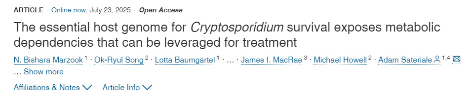 揭示隱孢子蟲生存必需的宿主基因組，暴露可用于治療的代謝依賴性