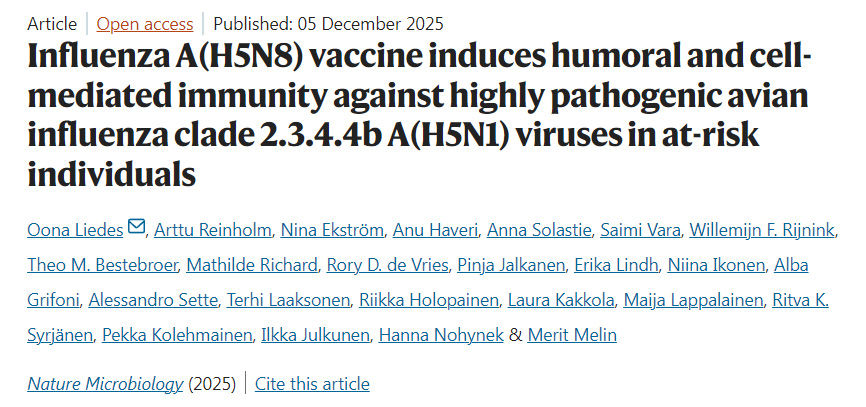 甲型H5N8流感疫苗可在高危人群中誘導(dǎo)針對(duì)高致病性禽流感分支2.3.4.4b甲型H5N1病毒的體液及細(xì)胞介導(dǎo)免疫反應(yīng)